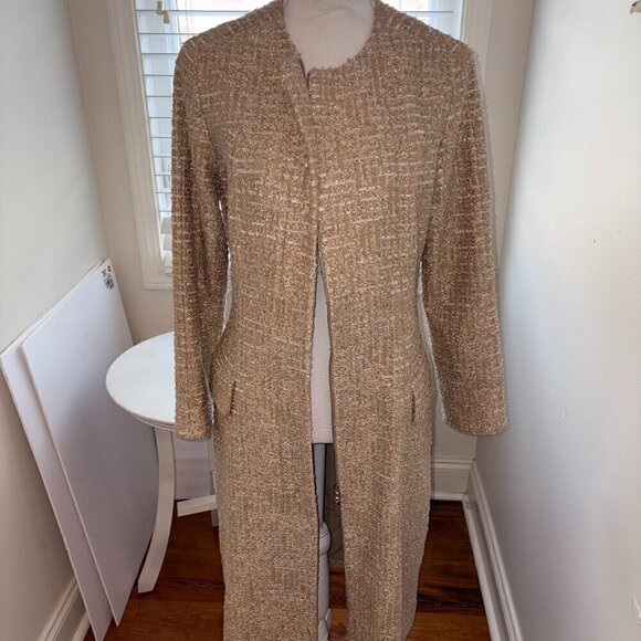 Oscar de la Renta Metallic Tweed Zip Long Coat Made in USA Elegant Chic size 10 - Picture 2 of 16